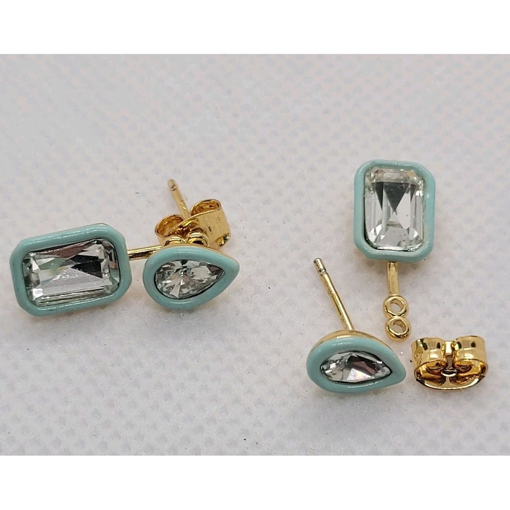 925 Sterling Silver Gold Vermeil CZ Aqua Enamel Ear Jacket Stud Earrings